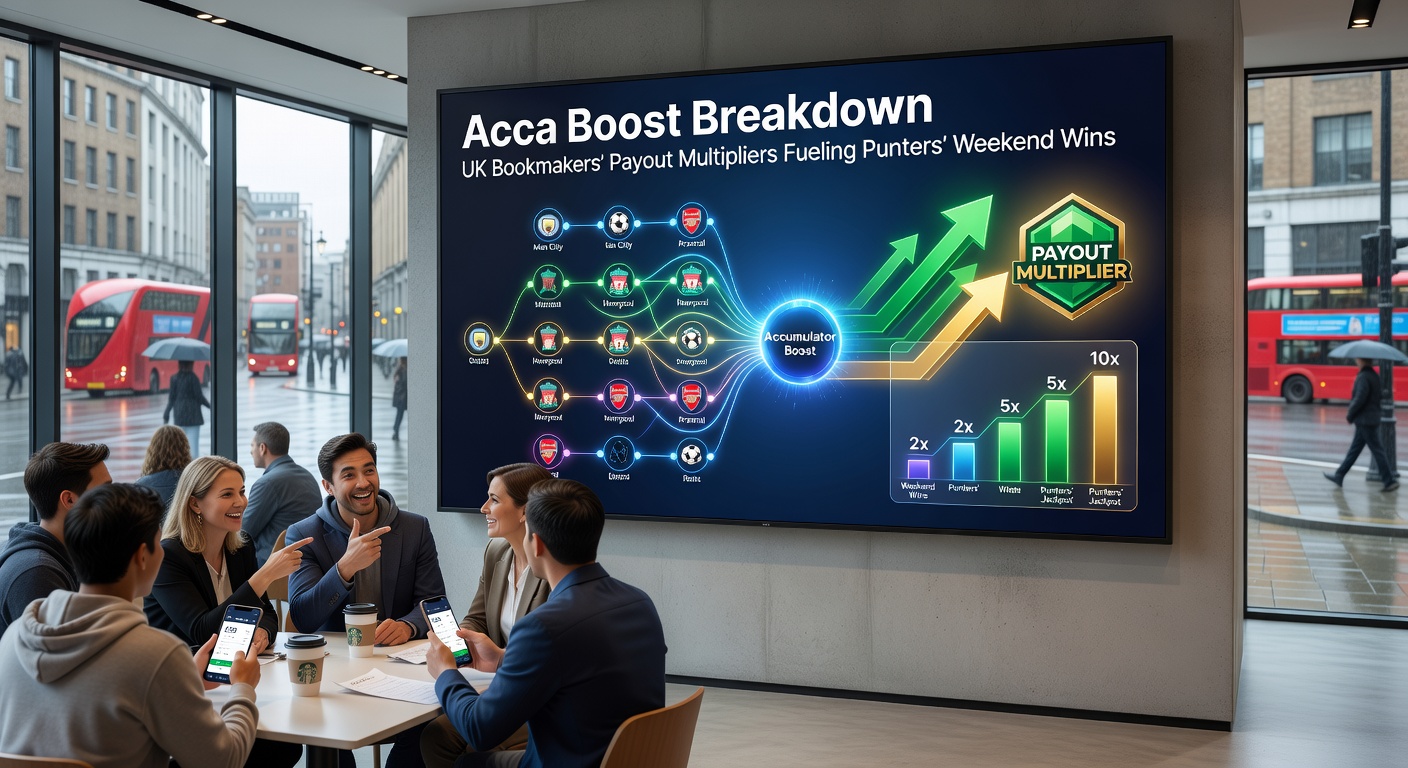 Infographic showing tiered acca boost percentages across major UK bookmakers, highlighting weekend payout spikes