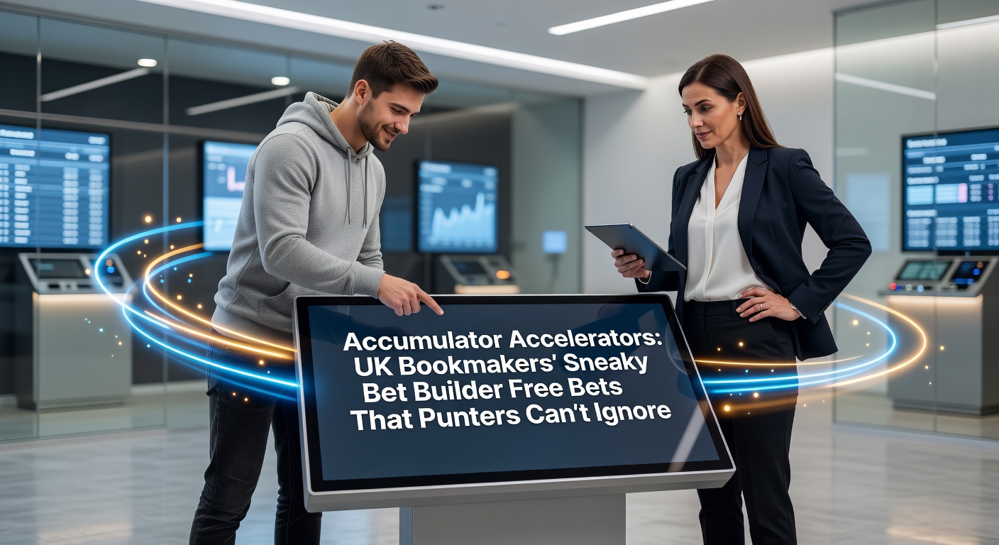 Vibrant graphic showing stacked accumulator bets with bet builder icons and free bet tokens exploding like accelerators boosting odds