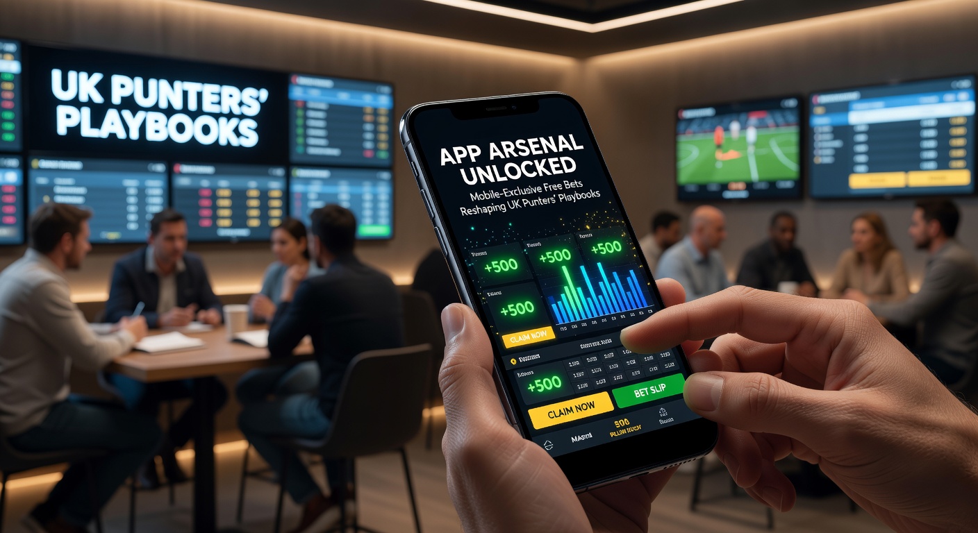 Smartphone displaying a UK betting app with free bet promotions highlighted on screen, surrounded by football match icons and wager slips