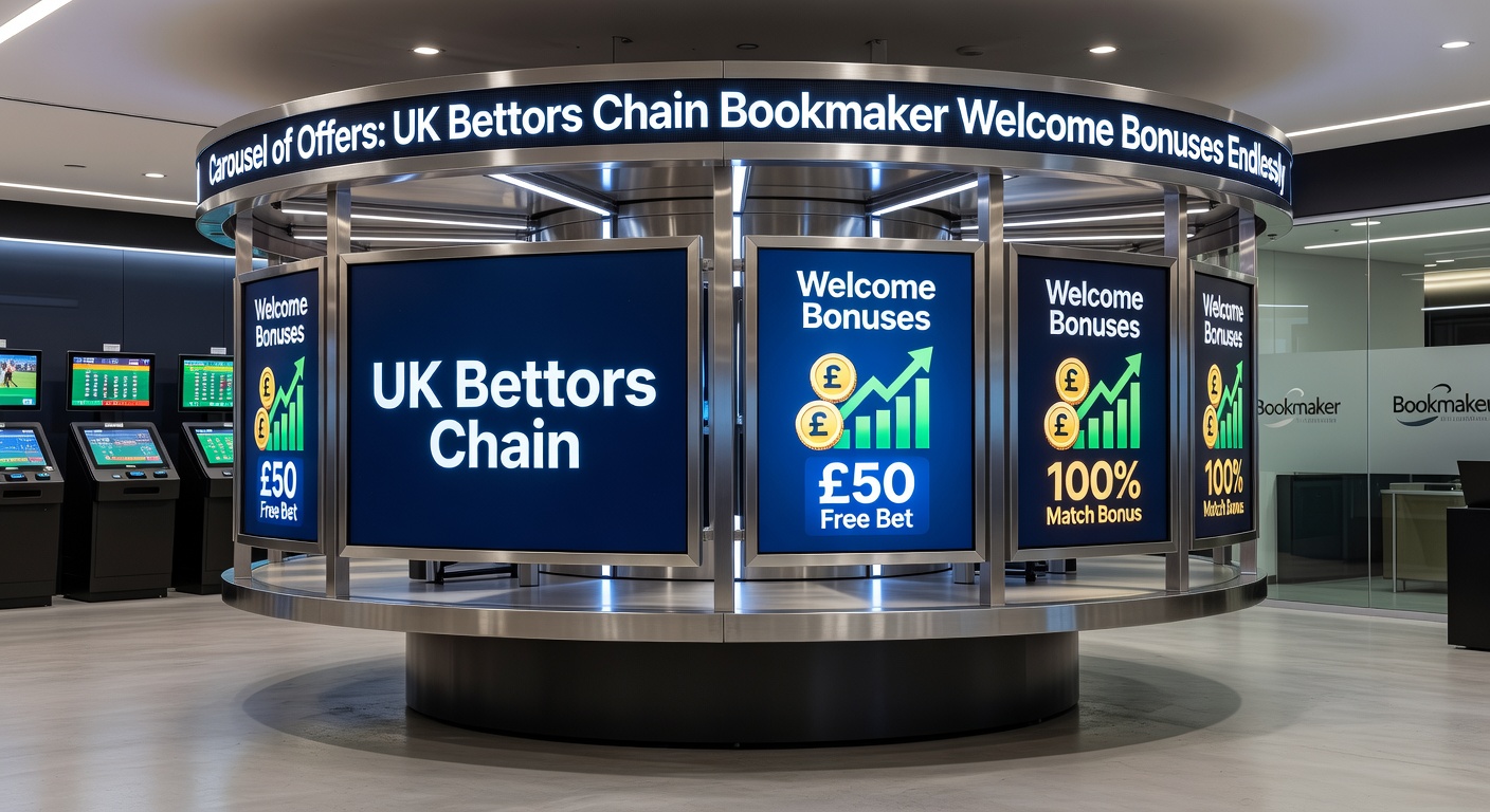 UK bettor reviewing multiple bookmaker apps on a smartphone screen amid a whirlwind of promotional banners