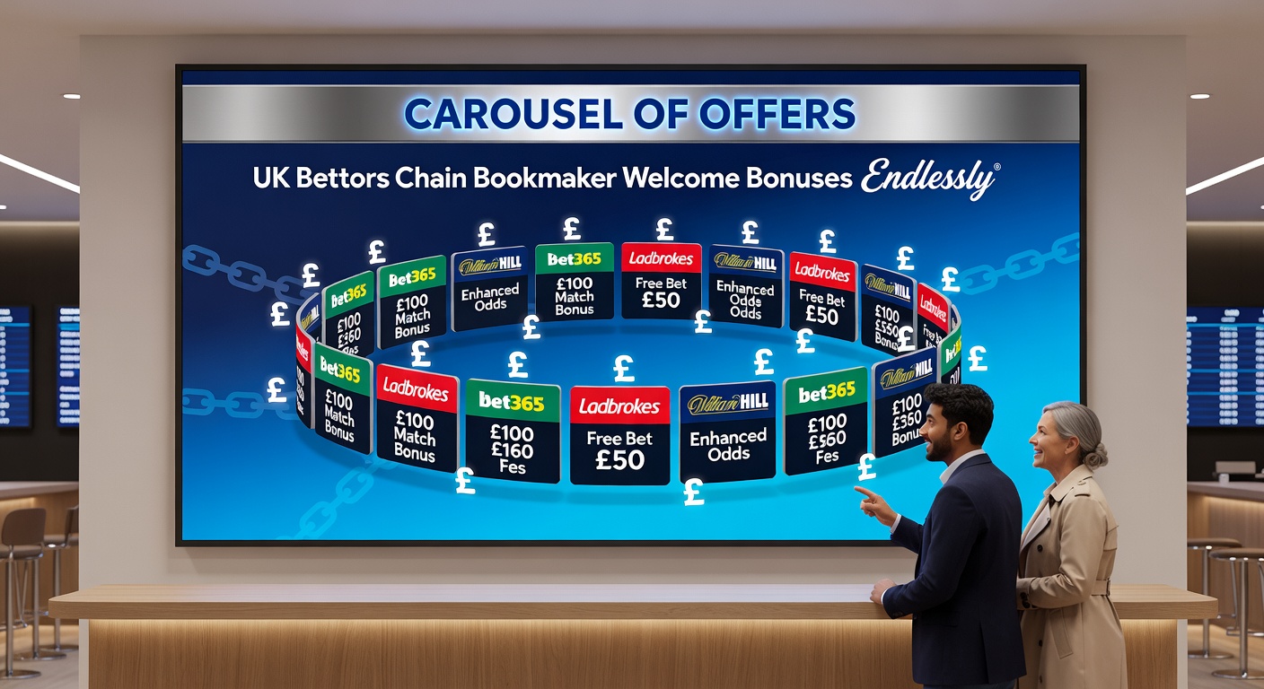 Collage of bookmaker welcome bonus screens showing free bet credits piling up on a bettor's dashboard