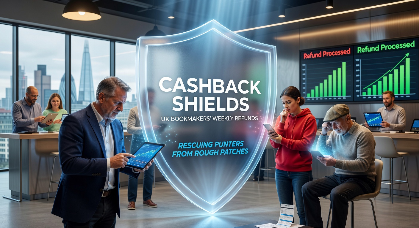 Illustration of a shield protecting a bettor's wallet from losses, with cash flowing back from a bookmaker logo