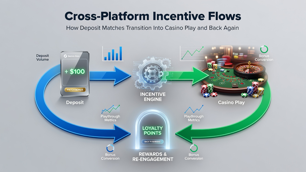 Diagram showing deposit match bonuses moving between sports betting and casino sections on a digital platform interface