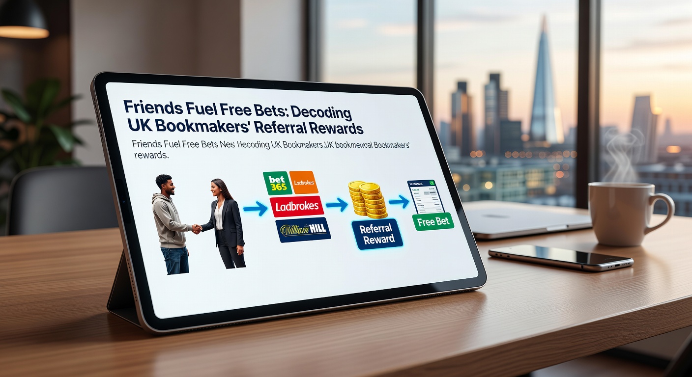 Graphic showing two friends high-fiving over a smartphone displaying a betting app referral bonus notification, with free bet icons floating around