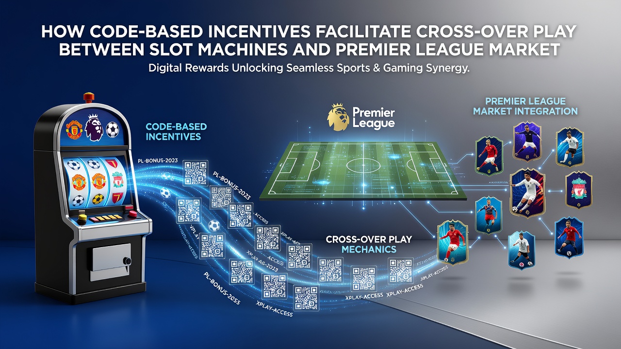 Digital interface displaying a bonus code entry screen transitioning to Premier League betting odds and slot game thumbnails