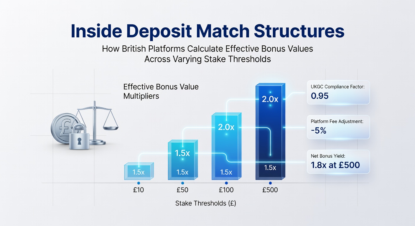Illustration of deposit match bonus structures showing stake thresholds and value calculations on British betting platforms