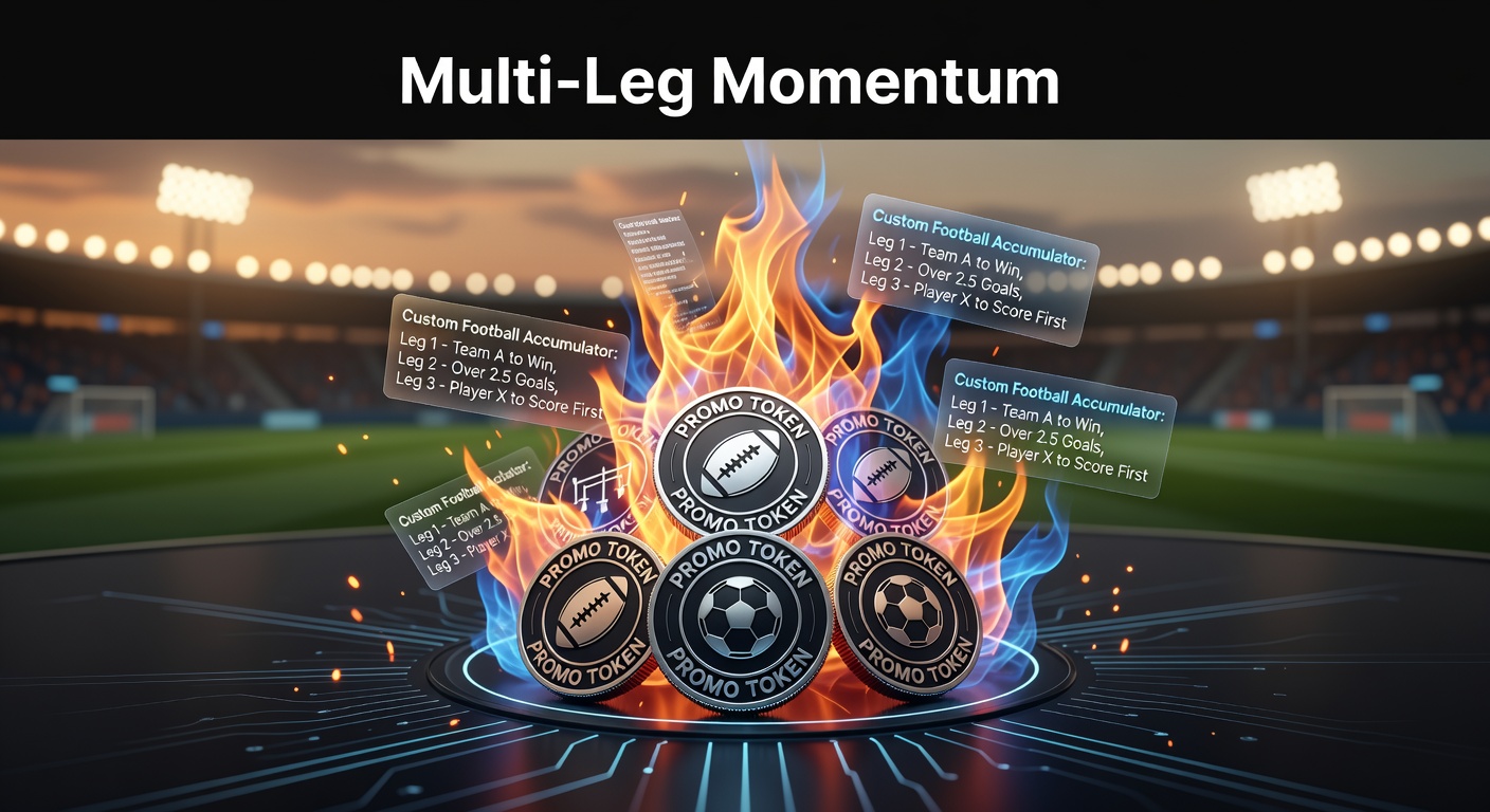 Vibrant digital graphic showing stacked football accumulator bets with glowing promo tokens igniting multi-leg chains on a bookmaker app interface