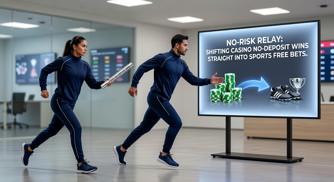 Digital graphic showing a relay baton passing from a casino slot machine to a sports betting ticket, symbolizing seamless transfer of winnings