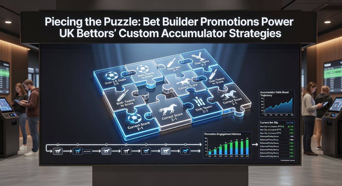 Animated graphic of interlocking bet builder pieces forming a winning accumulator trophy, with odds multipliers sparking like puzzle completion