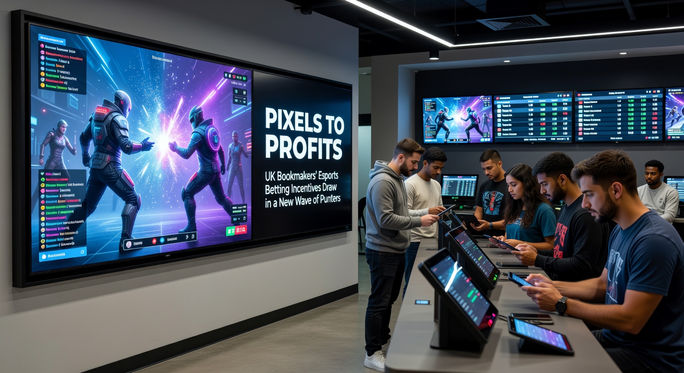 Vibrant esports arena filled with glowing screens, cheering crowds, and betting interfaces highlighting UK bookmaker promotions