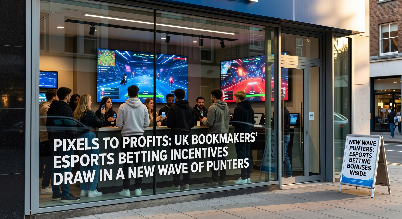 Close-up of a gamer placing an esports bet on a bookmaker app, surrounded by tournament brackets and promotional banners for free bets and odds boosts