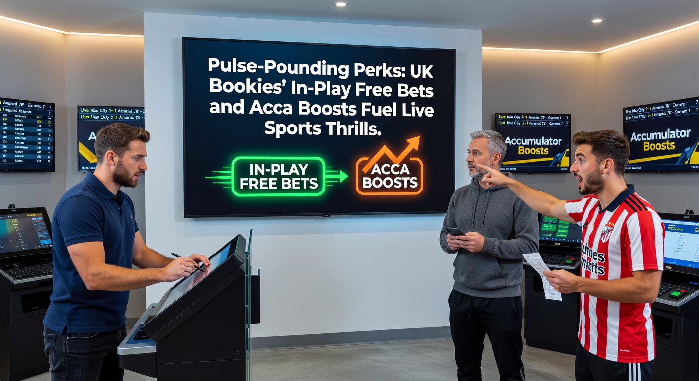 Dynamic screenshot of a betting app interface displaying live in-play odds for a soccer match, with accumulator boost tokens and free bet icons highlighted