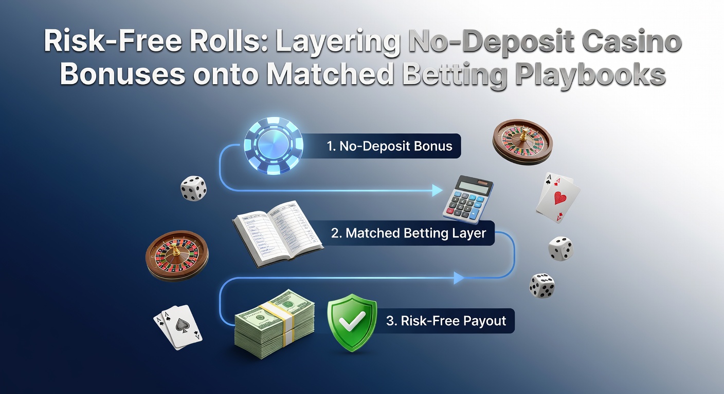 Visual breakdown of a matched betting playbook overlaid with no-deposit casino bonus layers, showing profit arrows and risk shields