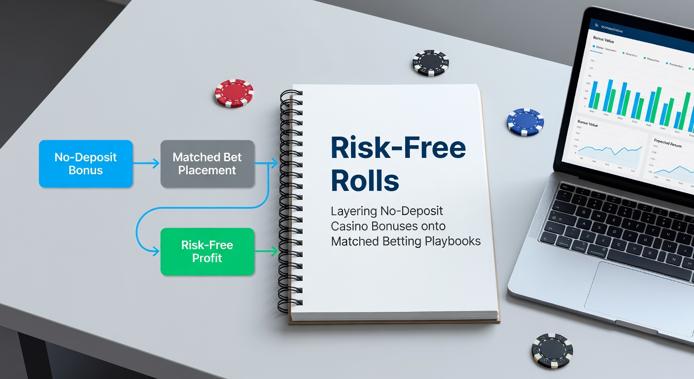 Step-by-step infographic depicting no-deposit bonus flow into matched betting, with casino spins transitioning to sportsbook free bets and profit extraction