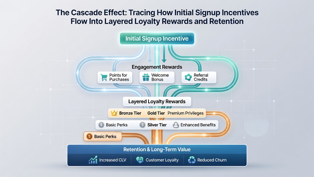 Infographic detailing tier progression from welcome bonuses to premium loyalty rewards across multiple operator platforms