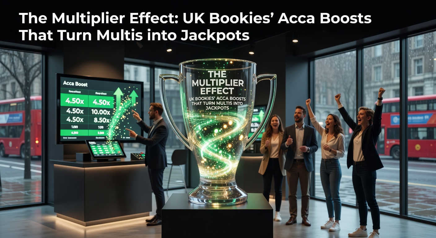Vibrant graphic showing stacked accumulator bets with glowing boost multipliers turning small stakes into jackpot wins on a UK bookmaker app