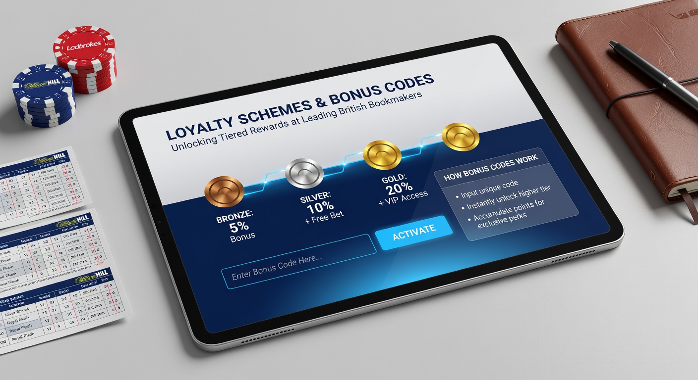 Illustration showing bonus codes integrated into tiered loyalty reward structures at British bookmakers