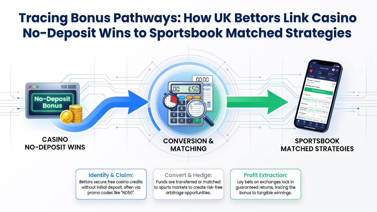 Diagram showing flow from casino bonus claim through wagering completion to sportsbook matched bet placement