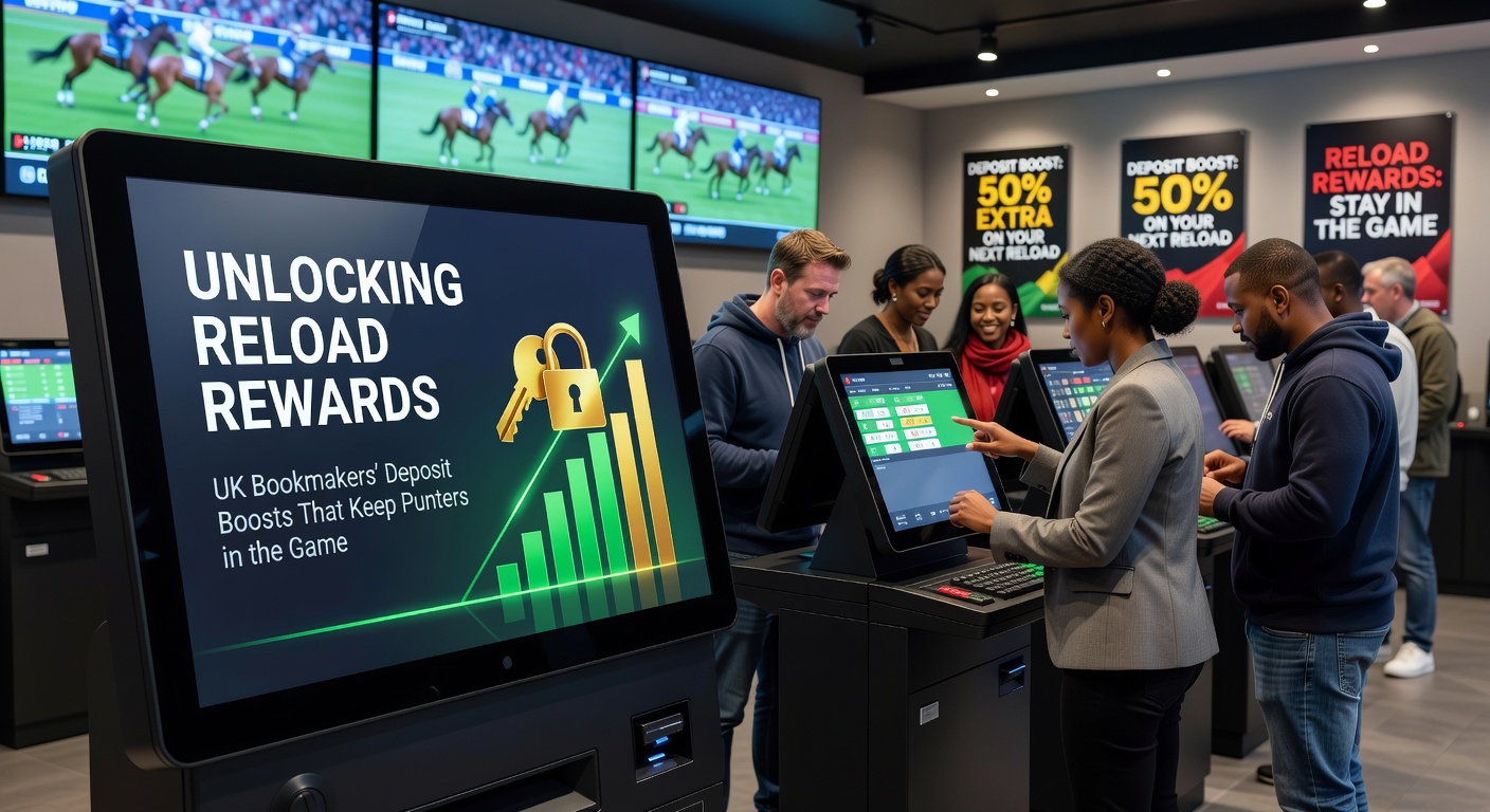Collage of UK bookmaker apps displaying active reload bonus pop-ups, deposit sliders, and free bet vouchers during a live sports event